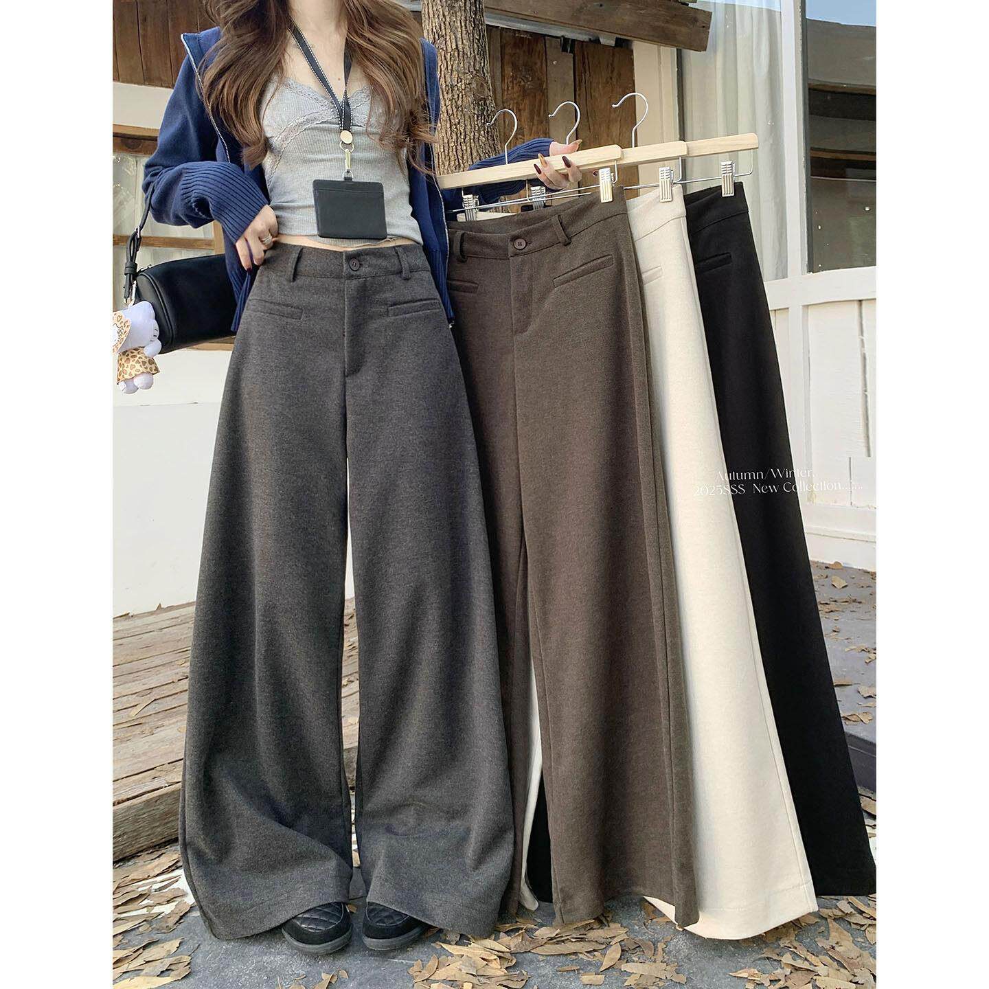 灰色高级感气质复古宽松毛呢直筒裤休闲裤女冬季高腰阔腿裤长裤子