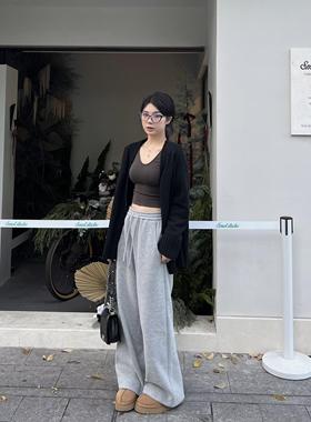 五零伍零Wuling秋冬加绒加厚灰色休闲慵懒运动裤女高腰垂感拖地裤
