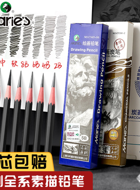 马利素描铅笔2h4b6b8b素描笔炭笔初学者速写12b14b碳笔软中笔2比马力牌素描工具套装hb美术生专用工具套装