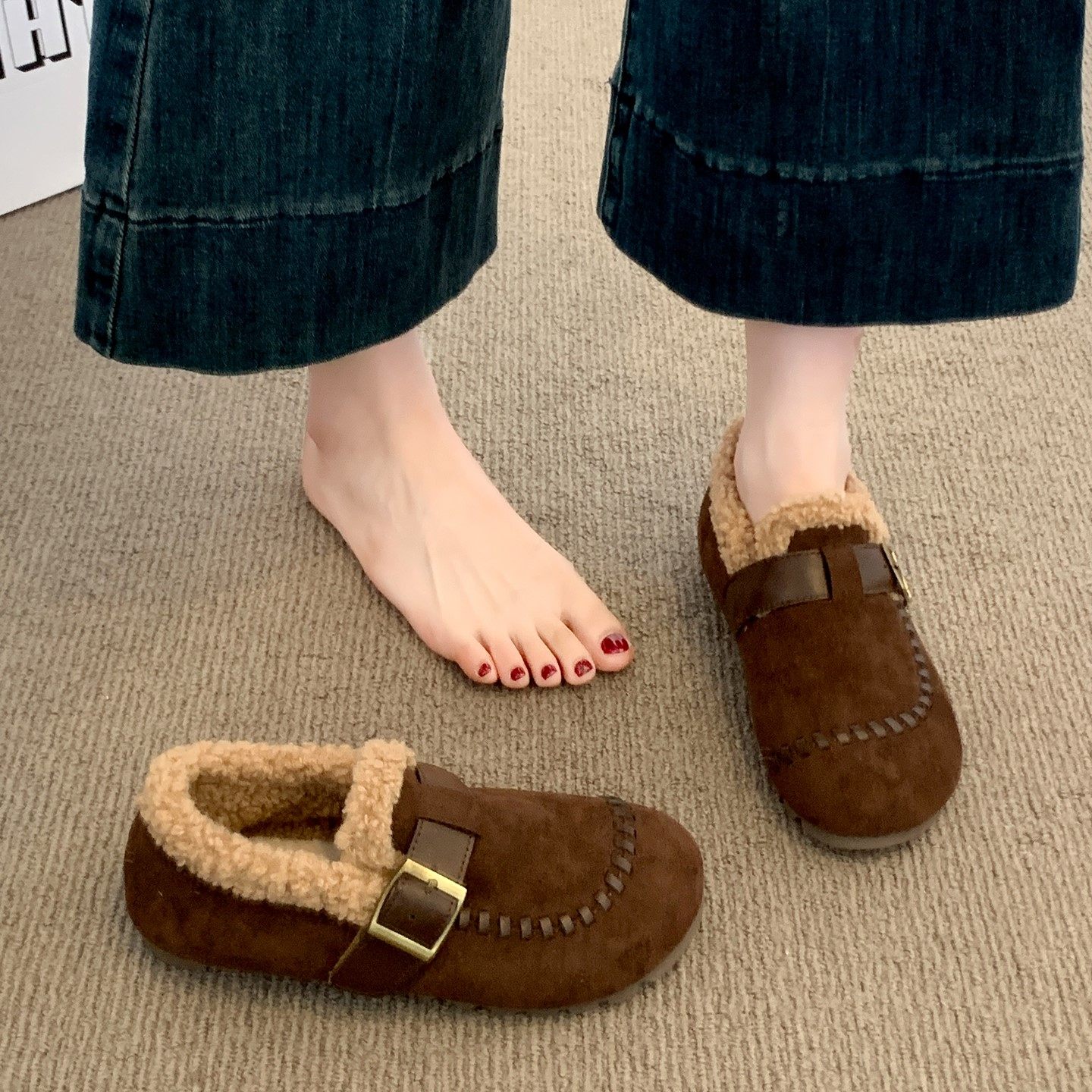 爆款复古休闲勃肯鞋女2026秋冬季新款内增高加绒豆豆鞋毛毛棉鞋子