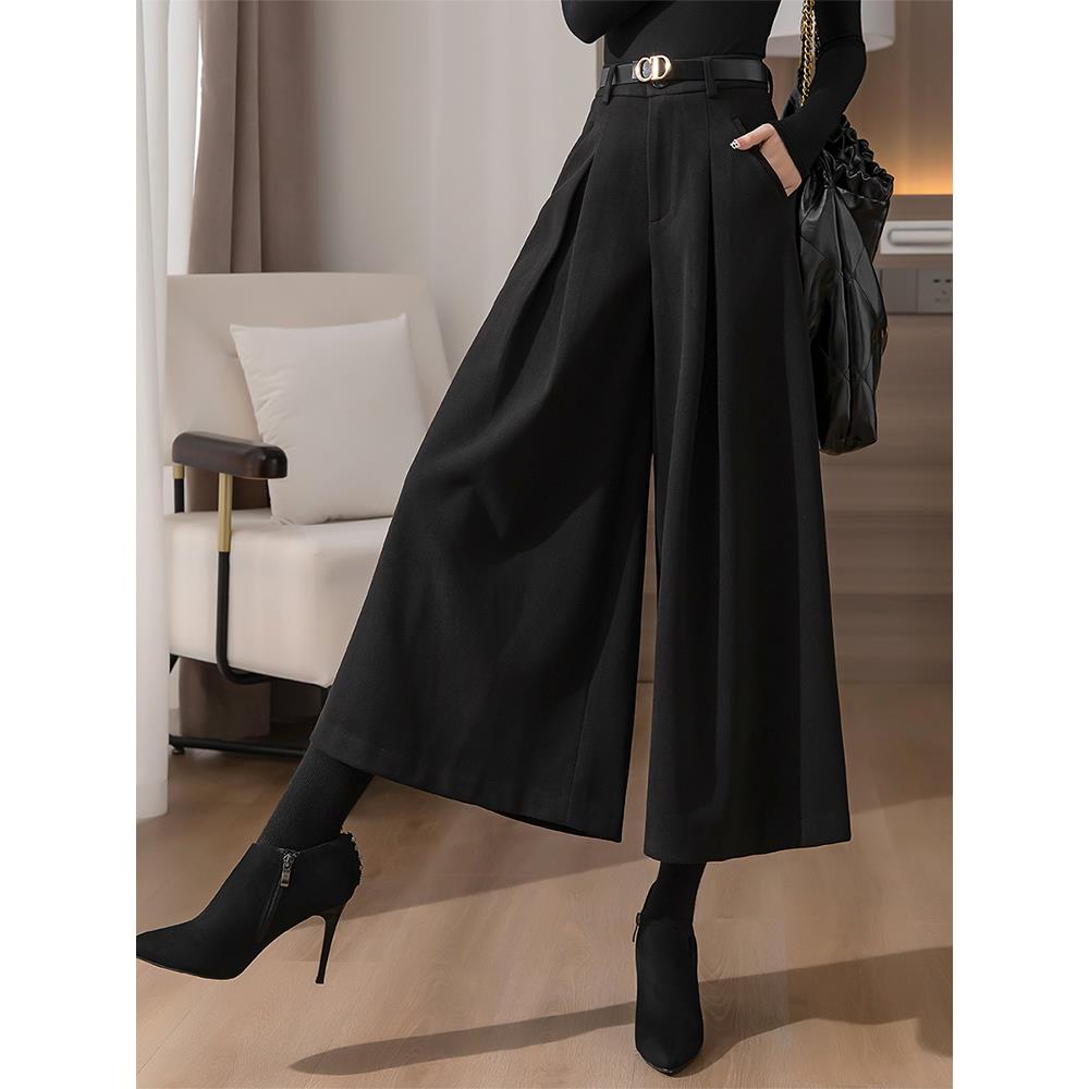 时髦羊毛呢阔腿裤2025秋冬裤裙毛呢甩裤垂感显瘦高腰小个子九分裤