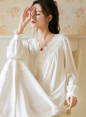 睡衣裙女款长袖纯棉宫廷风复古蕾丝公主睡衣宽松大码高级感家居服