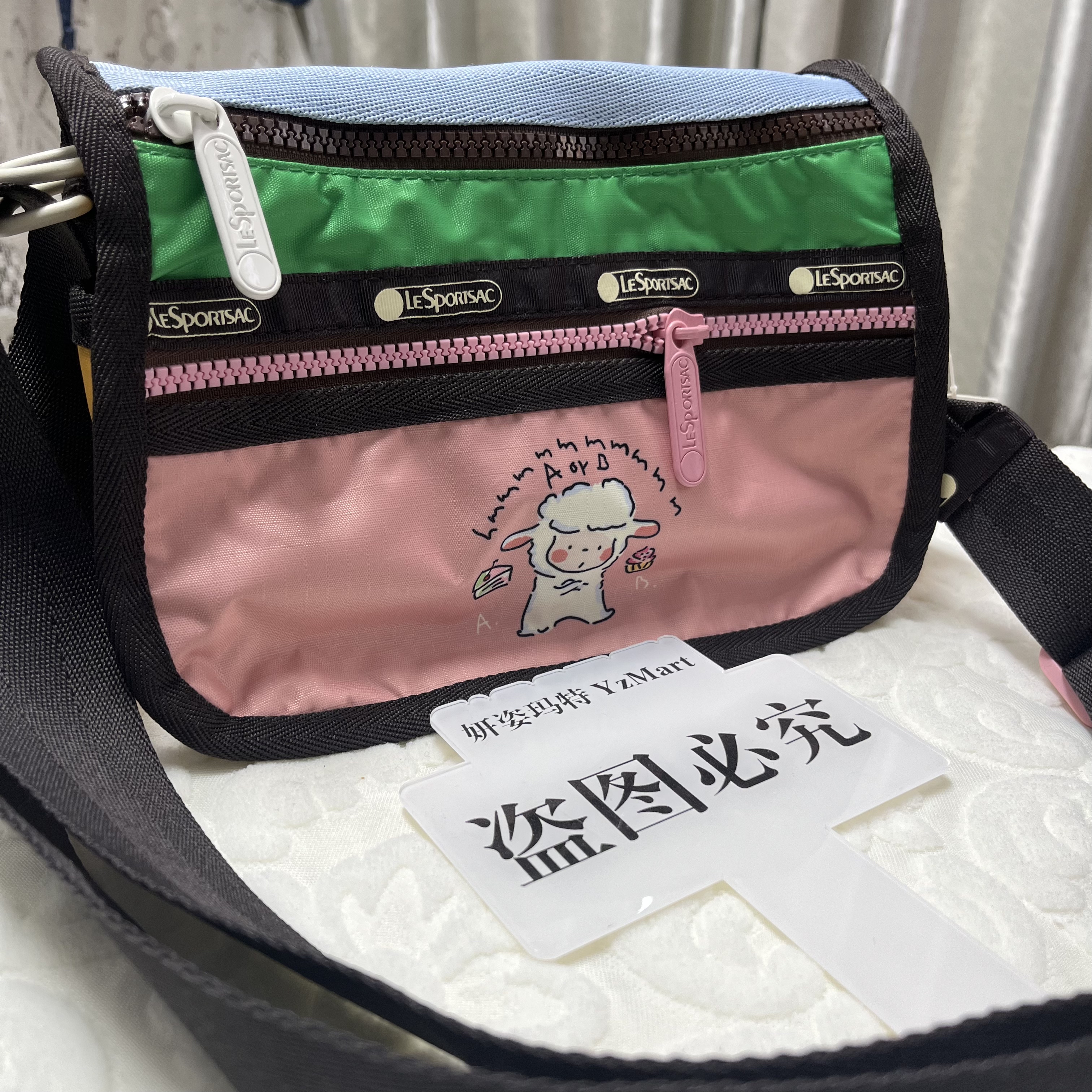 粉色小羊斜挎包可爱卡通撞色尼龙布横款方形大容量多隔层单肩包