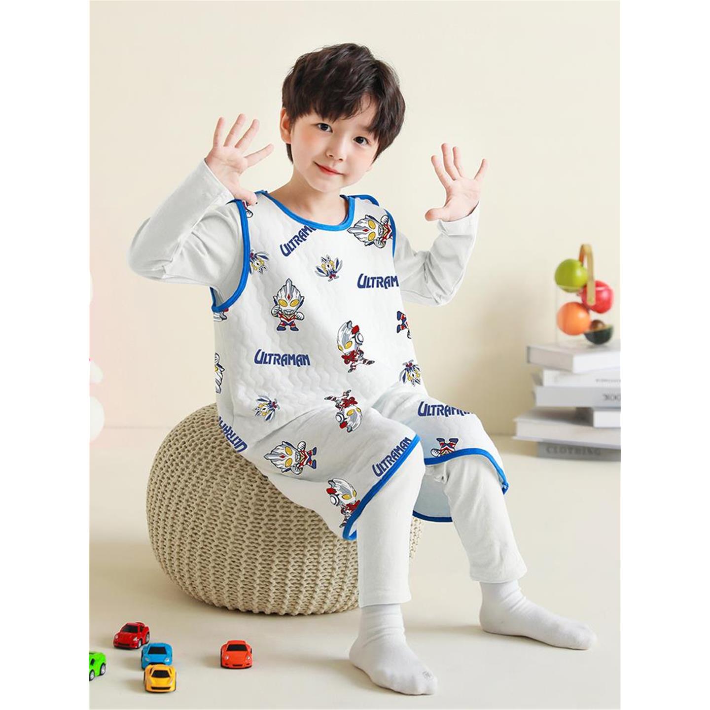 儿童背心奥特曼三层夹棉睡袋男童春秋纯棉防踢被空调服男孩连体衣