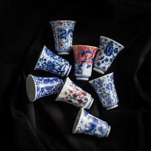 仿古青花花瓣闻香杯釉中彩红梅缠枝莲青龙品茗杯家用茶室45ml茶杯