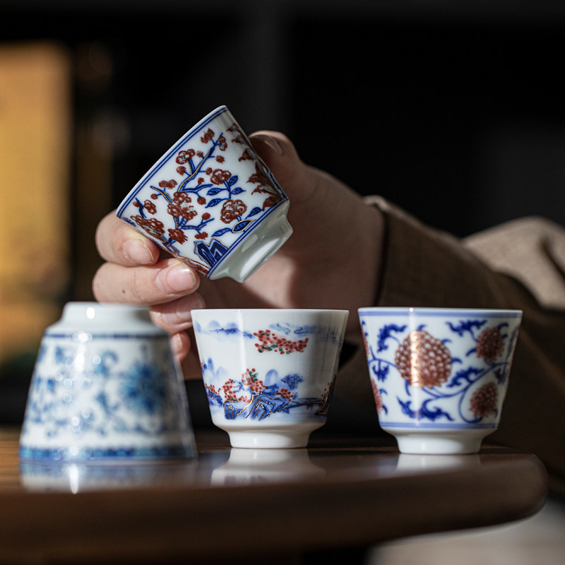 青花釉里红品茗杯功夫茶具复古陶瓷小茶杯缠枝莲鱼藻纹松竹梅茶盏,餐饮具,茶杯,淘宝优惠券,粉丝福利购,淘宝优惠卷
