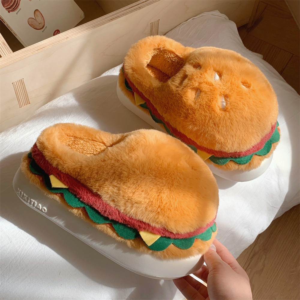 可爱汉堡情侣棉拖鞋可外穿冬季室内防滑全包跟男女厚底家居毛毛鞋