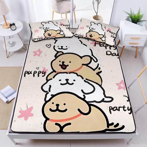 夏季可爱卡通线 线条小狗冰丝席三件套儿童学生宿舍卧室水洗折叠