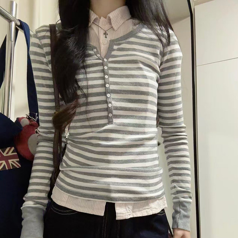 BM长袖女2026新款早秋拼色灰白条纹美式复古修身百搭套头t恤上衣