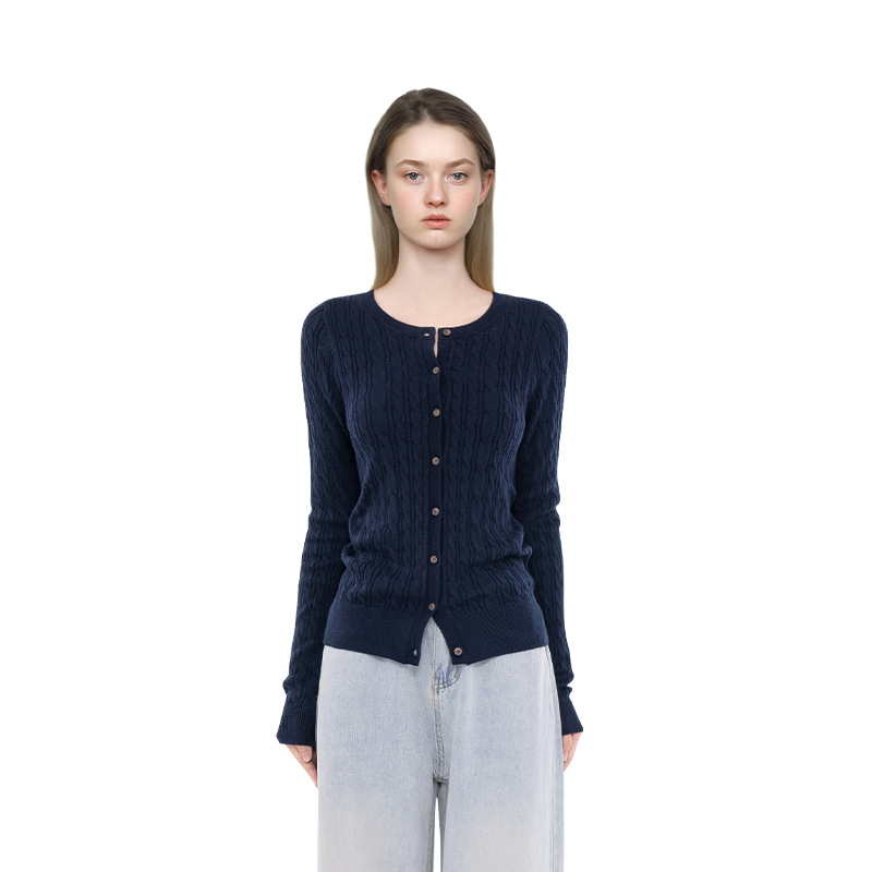 BM开衫女2025新款秋冬纯色麻花针织开衫简约百搭显瘦圆领长袖外套