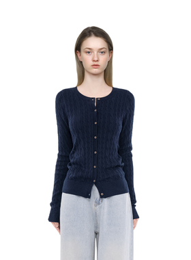 BM开衫女2025新款秋冬纯色麻花针织开衫简约百搭显瘦圆领长袖外套