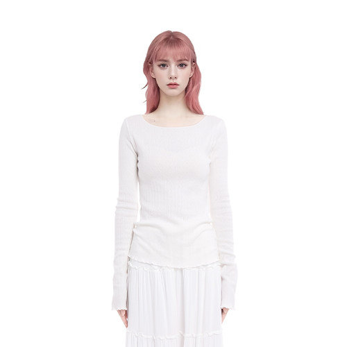 BM长袖上衣女2025新款纯色圆领卷边内搭高级感修身显瘦长袖打底衫