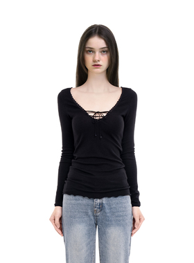 BM长袖女2025新款秋冬花边V领抽绳显瘦设计感美式复古内搭打底衫