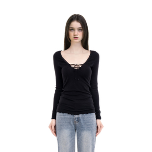 BM长袖女2026新款秋冬花边V领抽绳显瘦设计感美式复古内搭打底衫