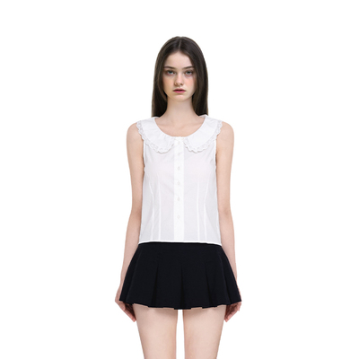 BM背心女2026新款夏季娃娃领蕾丝花边纯色无袖收腰小众设计感衬衫