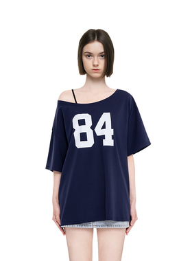 BM短袖女2026新款夏季84数字印花美式露肩宽松纯欲风t恤百搭上衣