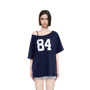 BM短袖女2026新款夏季84数字印花美式露肩宽松纯欲风t恤百搭上衣