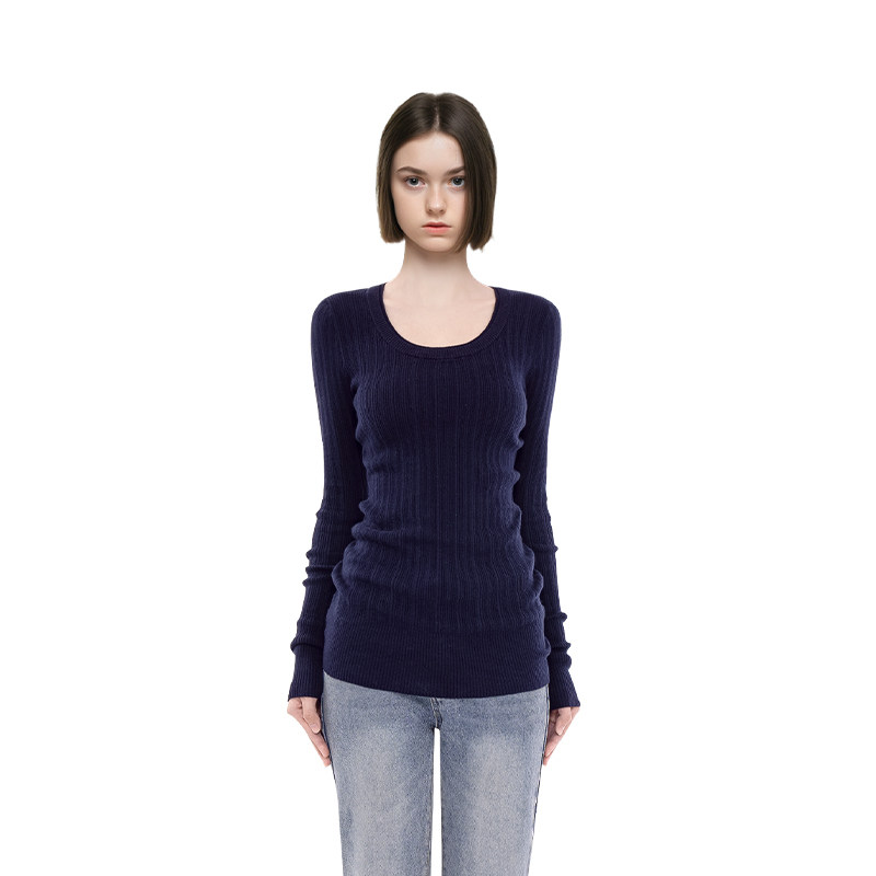 BM上衣女圆领2025新款秋冬螺纹针织长袖百搭显瘦美式高级感针织衫