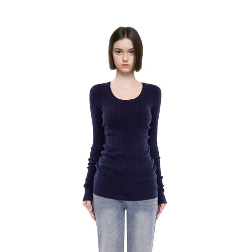 BM上衣女圆领2025新款秋冬螺纹针织长袖百搭显瘦美式高级感针织衫