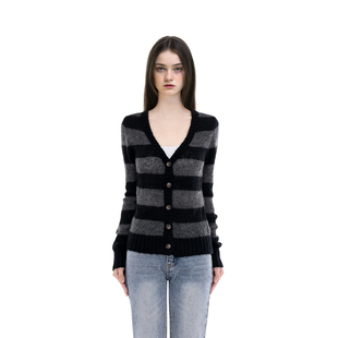 秋冬显瘦慵懒风百搭毛衣外套 V领条纹针织开衫 BM开衫 女2025新款