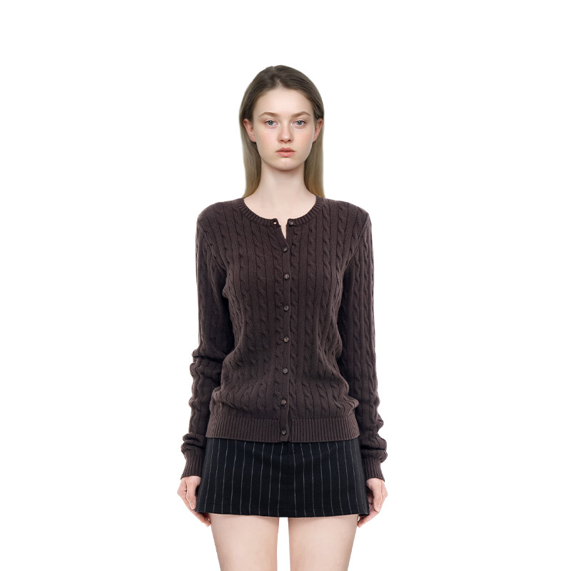 BM开衫女2025新款冬季圆领麻花显瘦高级感美式复古长袖开衫外套