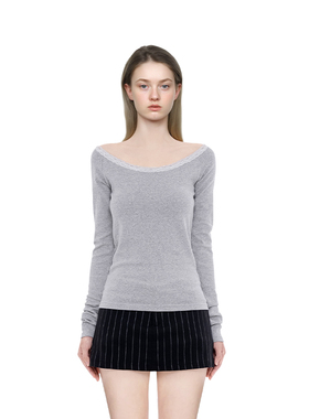 BM上衣女灰色低圆领长袖白色蕾丝领口纯欲风打底衫外穿纯欲风T恤