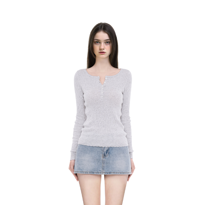 BM长袖女t恤2025新款早秋纯色竖条花边修身百搭设计感显瘦打底衫