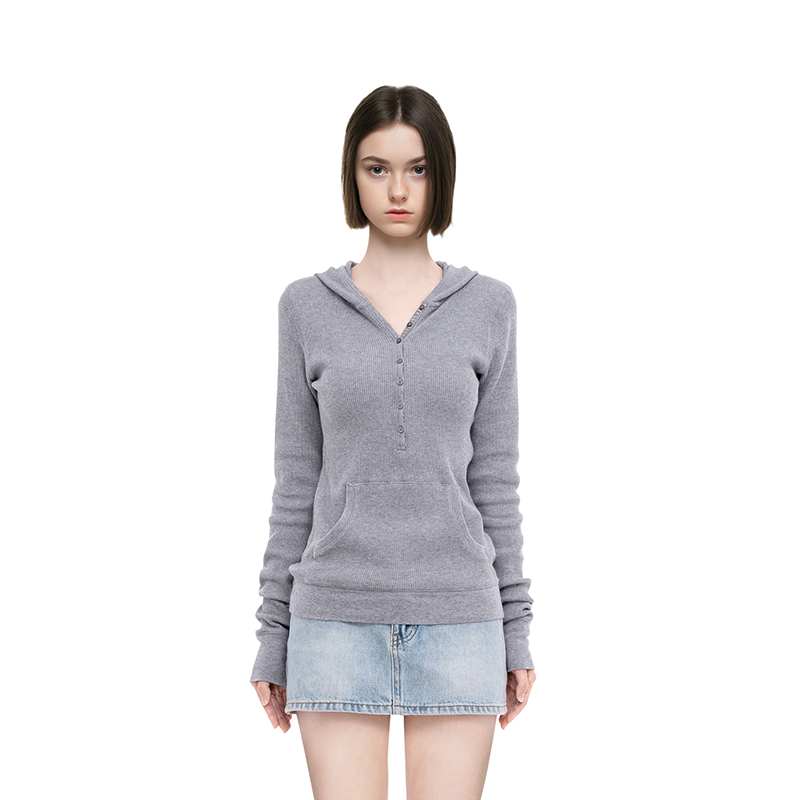 BM长袖女2025新款春秋连帽华夫格t恤修身显瘦短款美式复古上衣