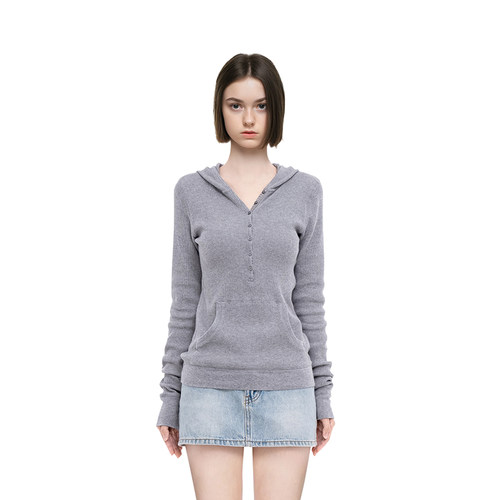 BM长袖女2025新款春秋连帽华夫格t恤修身显瘦短款美式复古上衣