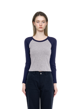 BM上衣T恤2025新款拼色插肩长袖针织衫女修身撞色秋冬新款打底衫