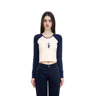 T恤女2025新款 露脐显瘦秋夏长袖 夏季 短款 T恤 打底衫 BM上衣撞色长袖