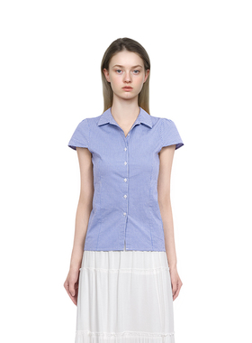 BM衬衫女蓝色格子2025新款夏季翻领飞飞袖修身显瘦百搭短袖衬衣