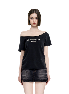 BM短袖女2025新款夏季黑色字母印花露肩t恤美式辣妹百搭显瘦上衣