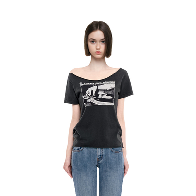 BM短袖女印花卷边一字领2026新款夏季性感纯欲风美式复古t恤上衣