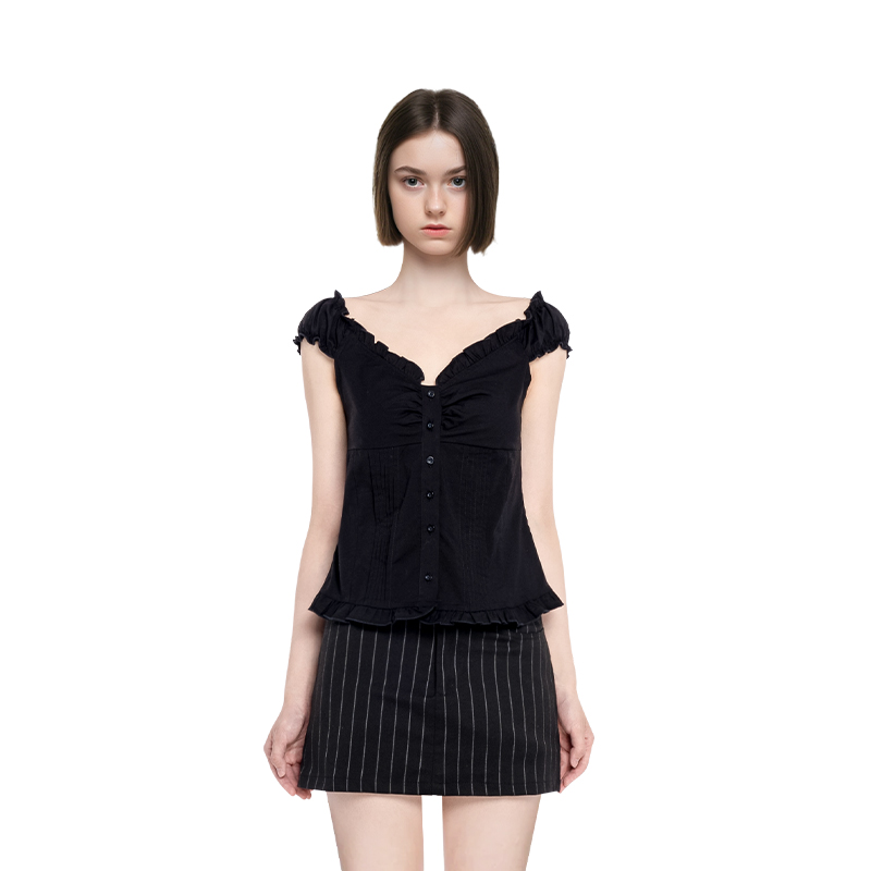 BM上衣女2025新款夏季黑色荷叶边设计感修身显瘦美式辣妹百搭短袖