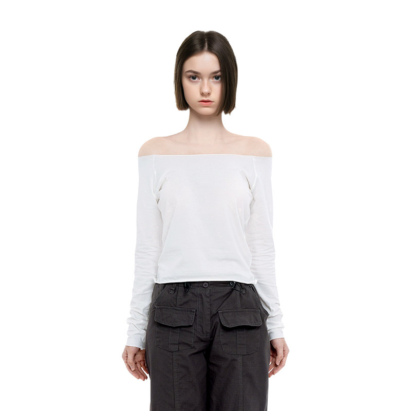 BM上衣长袖t恤女2025新款秋冬纯色修身打底一字领纯色内搭长袖T恤