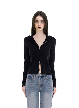 BM连帽针织开衫纯黑色2025新款短款卫衣辣妹休闲运动开衫秋季外套