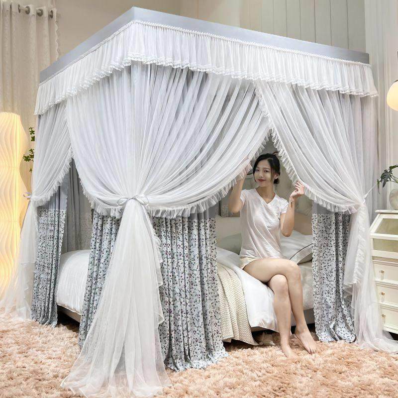 防风遮光布蚊帐床帘一体式卧室家用防尘顶落地式公主床幔四季通用