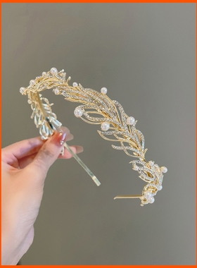 水钻羽毛发箍韩国2025年新款气质女百搭外出压发精致网红发卡头箍