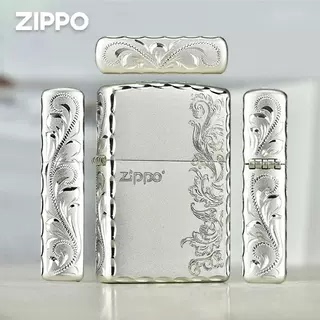 Zippo正品手工精雕镀925银繁花正品防风煤油打火机送男友送礼收藏