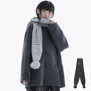 hugyourskin围巾韩国爆款天使翅膀条纹波点毛球针织围巾秋冬围脖