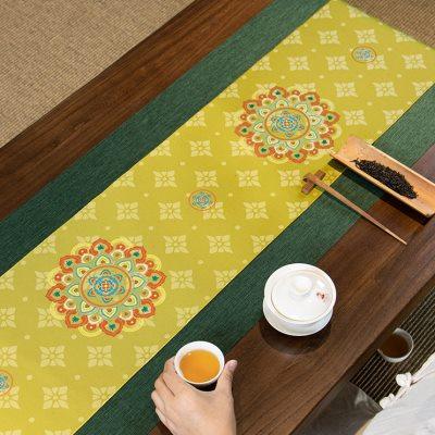 团花纹新中式禅意桌旗茶席轻奢高端茶桌垫布双层茶垫防水茶旗桌布