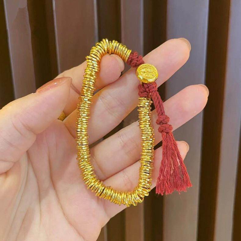 古法垂纹金包银盘缠编绳手链女五路财神转运珠碎金子红绳手串手镯