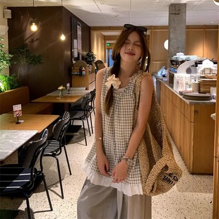日杂 气质一整套ootd穿搭女夏装 格纹无袖 上衣背心搭配垂感长裤 套装