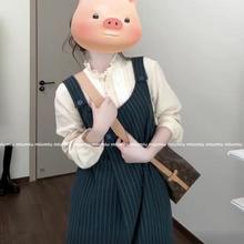 日系复古条纹背心连衣裙女入秋一整套超好看减龄无袖毛呢气质长裙