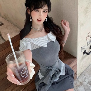 女纯欲一字领露肩修身 韩系chic套装 上衣搭配百褶短裙两件套巨好看