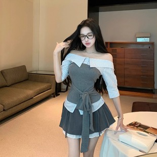 女夏新款 韩剧穿搭套装 纯欲露肩拼接针织上衣搭配半身裙两件套chic