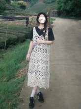 韩系针织钩花镂空叠穿吊带连衣裙女夏季新款外搭无袖长背心裙子