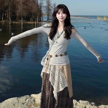 废土风套装女早秋辣妹露肩长袖格子半身裙云南川西旅游一整套穿搭