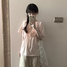 桃粉色木耳边短袖V领衬衫女夏季新款设计感清新减龄可爱外穿上衣